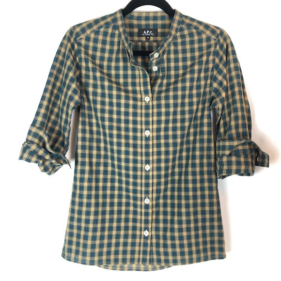 A.P.C. Cotton Plaid Button Down Grandad Collar